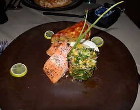 Two Chefs - Pepper smoked salmon with horse radish creme, salad and potato pie.